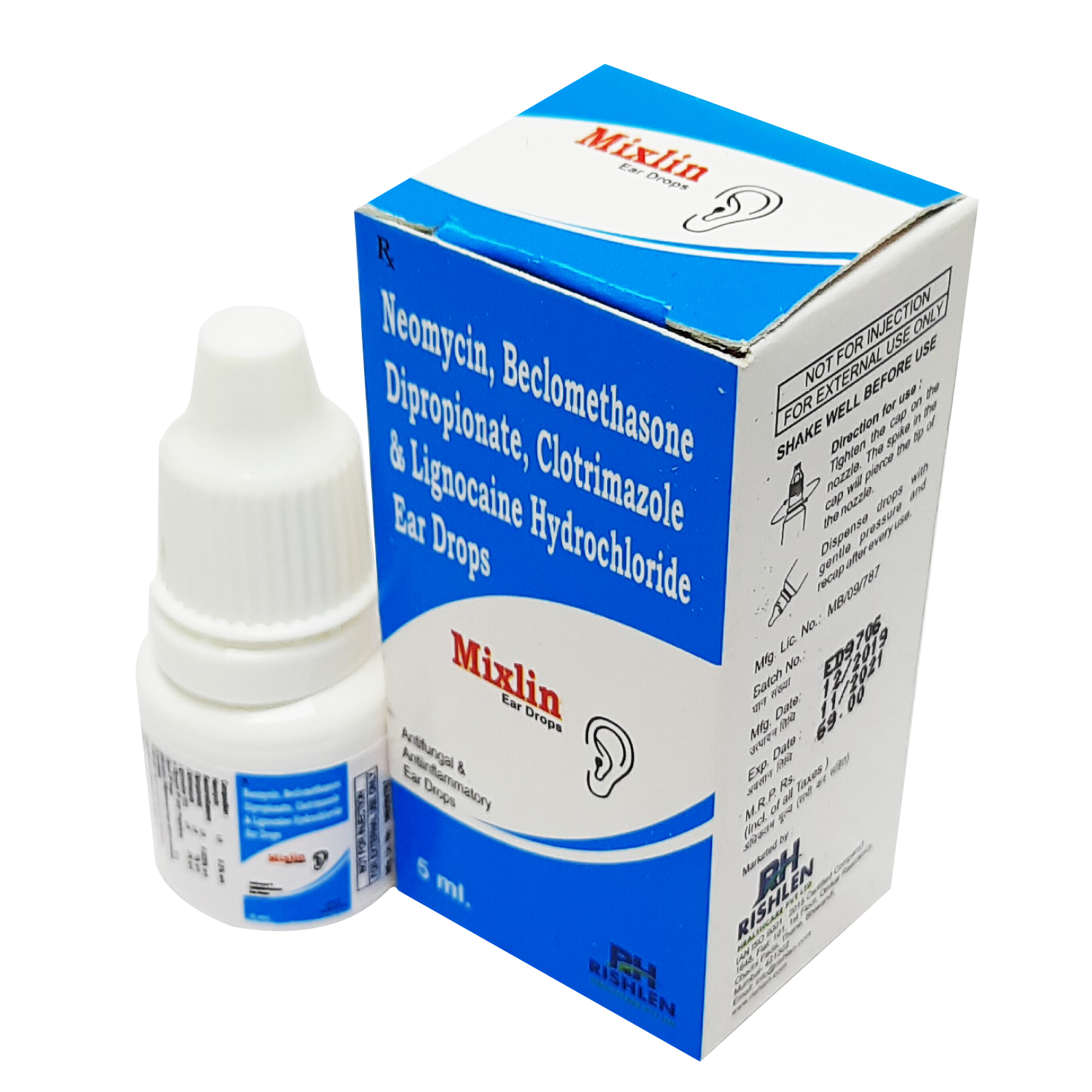 Mixlin, Neomycin 0.5% w/v+Beclomethasone Dipropionate 0.025% w/v clotrimazole 1 % w/v + Lignocaine HCL 2% w/v